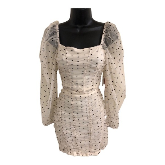 Dresses & Skirts - Cream 2pc polka dot chiffon‎ tulle tufted sheer sleeve blouse & skirt set size L